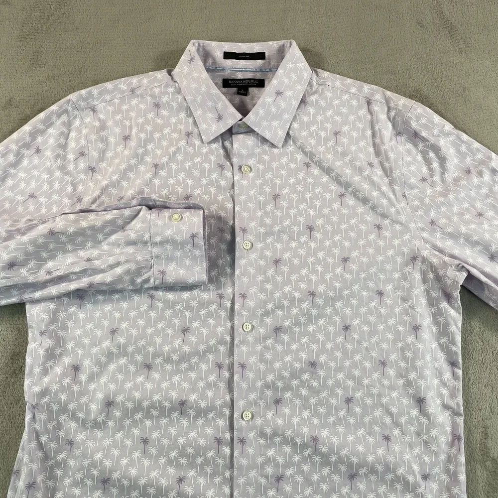 Banana Republic Slim Fit Shirt Men Large Lavender Palm Trees‎ Non Iron LS NWOT